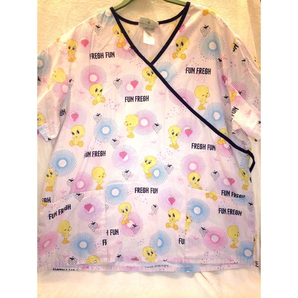 Tweety Bird Scrub Top Baby Looney Tunes V neck XL Short Slv Fun Fresh Warner Bro - Picture 1 of 6